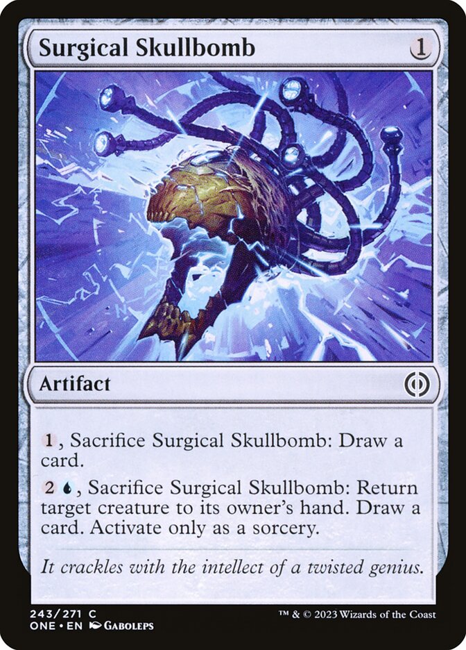 This Is An Image Of The Magic The Gathering Card Surgical Skullbomb From The Set Phyrexia: All Will Be One - Designed By Artist Gaboleps