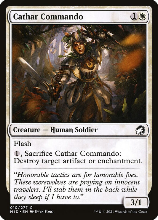 This Is An Image Of The Magic The Gathering Card Cathar Commando From The Set Innistrad Remastered - Designed By Artist Evyn Fong