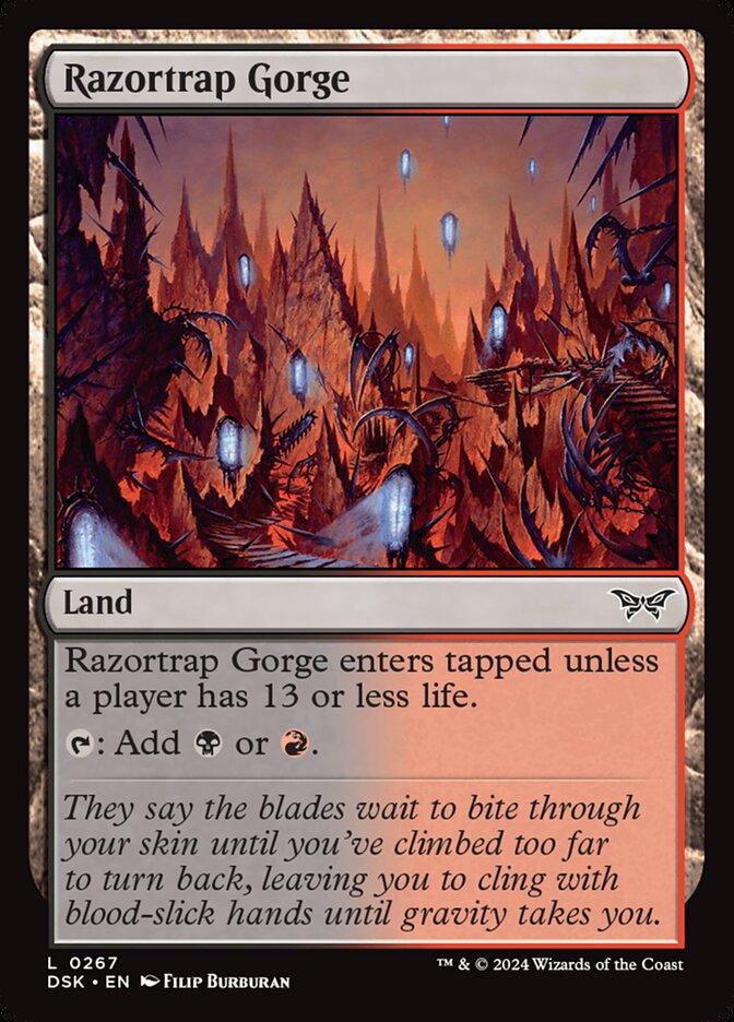 This Is An Image Of The Magic The Gathering Card Razortrap Gorge From The Set Duskmourn: House of Horror - Designed By Artist Filip Burburan