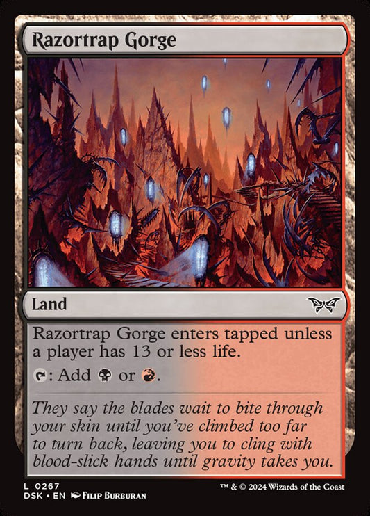 This Is An Image Of The Magic The Gathering Card Razortrap Gorge From The Set Duskmourn: House of Horror - Designed By Artist Filip Burburan