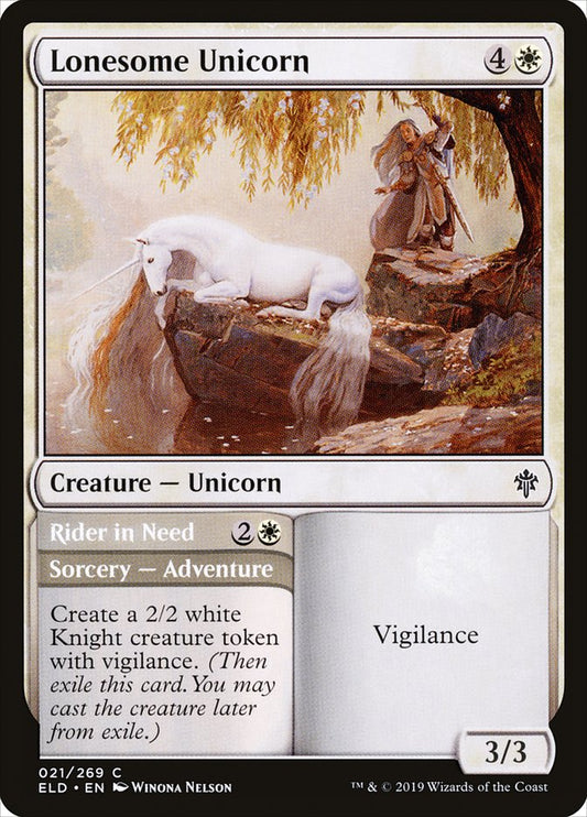 This Is An Image Of The Magic The Gathering Card Lonesome Unicorn // Rider in Need From The Set Throne of Eldraine - Designed By Artist Winona Nelson