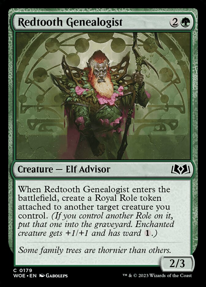 This Is An Image Of The Magic The Gathering Card Redtooth Genealogist From The Set Wilds of Eldraine - Designed By Artist Gaboleps