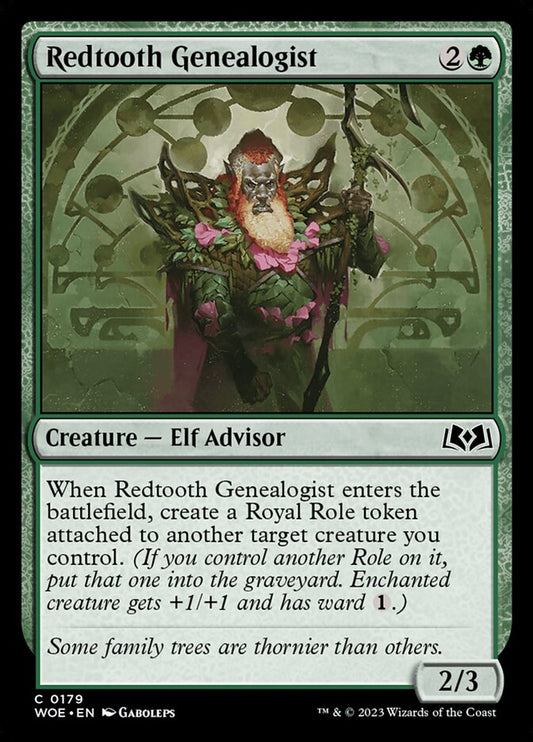 This Is An Image Of The Magic The Gathering Card Redtooth Genealogist From The Set Wilds of Eldraine - Designed By Artist Gaboleps