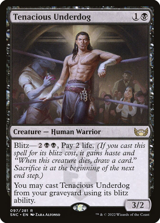 This Is An Image Of The Magic The Gathering Card Tenacious Underdog From The Set Streets of New Capenna - Designed By Artist Zara Alfonso