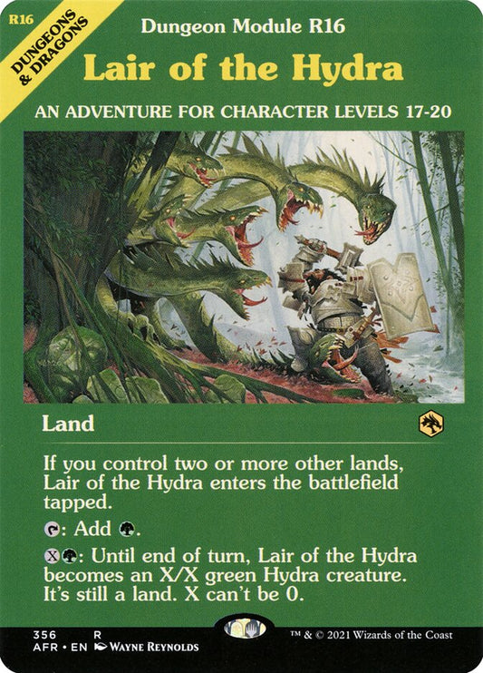 This Is An Image Of The Magic The Gathering Card Lair of the Hydra From The Set Adventures in the Forgotten Realms - Designed By Artist Johannes Voss