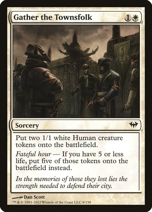 This Is An Image Of The Magic The Gathering Card Gather the Townsfolk From The Set Innistrad Remastered - Designed By Artist Bryan Sola
