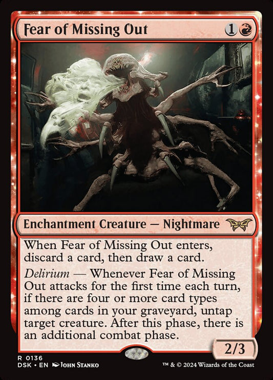 This Is An Image Of The Magic The Gathering Card Fear of Missing Out From The Set Duskmourn: House of Horror - Designed By Artist John Stanko