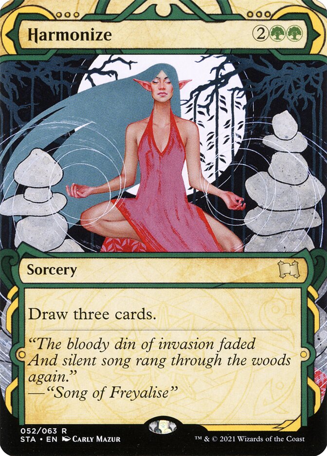 This Is An Image Of The Magic The Gathering Card Harmonize From The Set Duskmourn: House of Horror Commander - Designed By Artist Dan Murayama Scott