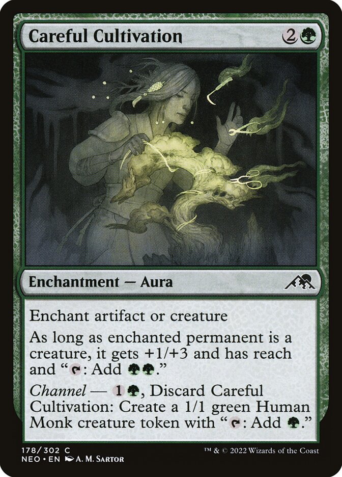 This Is An Image Of The Magic The Gathering Card Careful Cultivation From The Set Kamigawa: Neon Dynasty - Designed By Artist A. M. Sartor