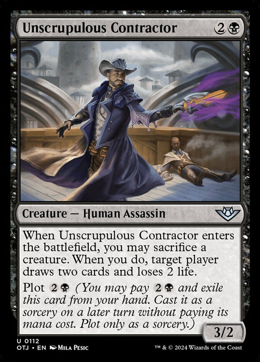 This Is An Image Of The Magic The Gathering Card Unscrupulous Contractor From The Set Outlaws of Thunder Junction - Designed By Artist Mila Pesic