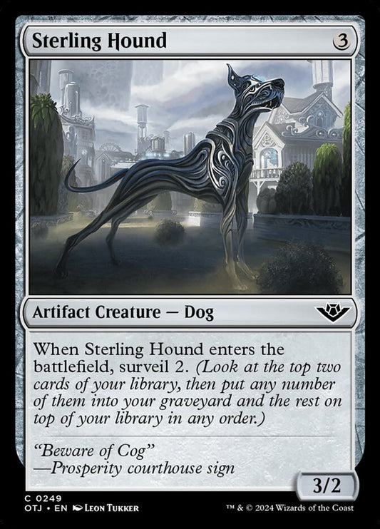 This Is An Image Of The Magic The Gathering Card Sterling Hound From The Set Outlaws of Thunder Junction - Designed By Artist Leon Tukker