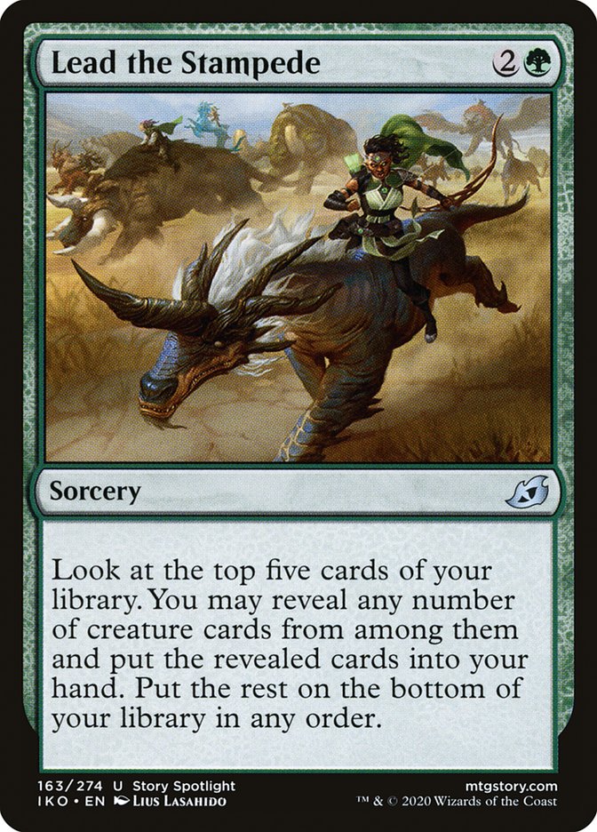 This Is An Image Of The Magic The Gathering Card Lead the Stampede From The Set Ikoria: Lair of Behemoths - Designed By Artist Lius Lasahido