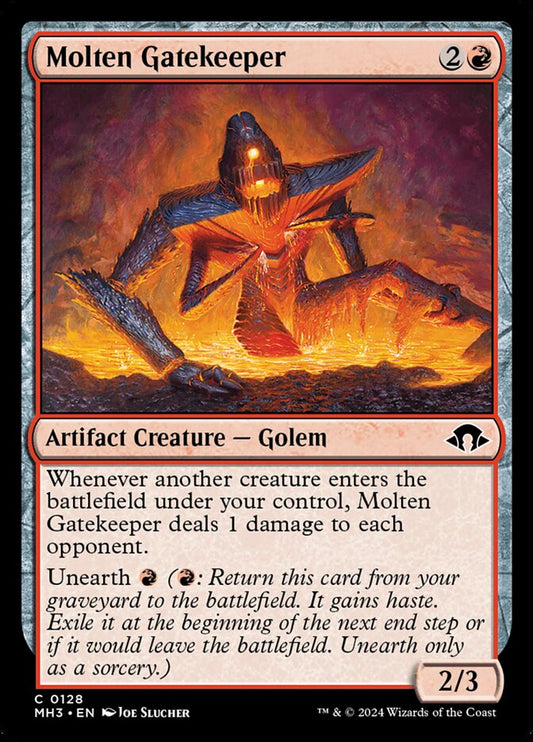 This Is An Image Of The Magic The Gathering Card Molten Gatekeeper From The Set Modern Horizons 3 - Designed By Artist Joe Slucher