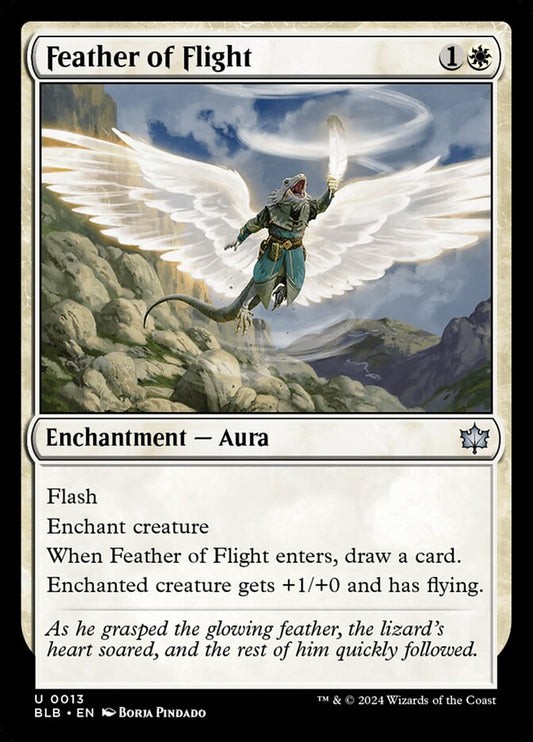 This Is An Image Of The Magic The Gathering Card Feather of Flight From The Set Bloomburrow - Designed By Artist Borja Pindado