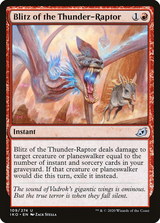 This Is An Image Of The Magic The Gathering Card Blitz of the Thunder-Raptor From The Set Ikoria: Lair of Behemoths - Designed By Artist Zack Stella