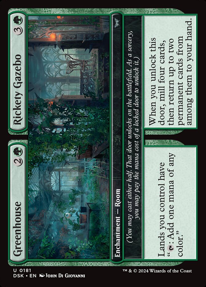 This Is An Image Of The Magic The Gathering Card Greenhouse // Rickety Gazebo From The Set Duskmourn: House of Horror - Designed By Artist John Di Giovanni