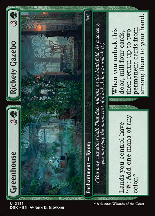 This Is An Image Of The Magic The Gathering Card Greenhouse // Rickety Gazebo From The Set Duskmourn: House of Horror - Designed By Artist John Di Giovanni