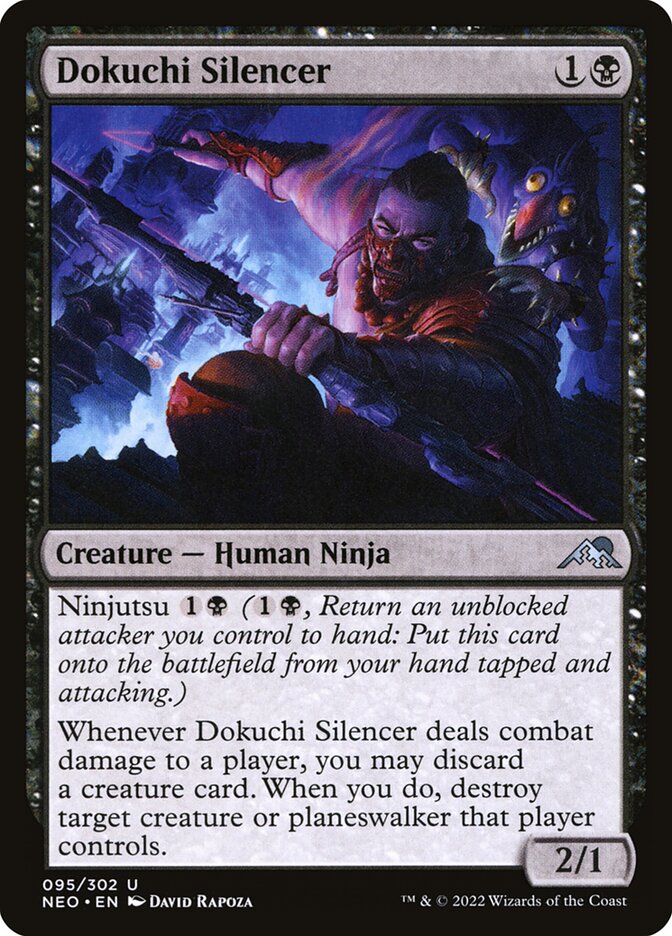 This Is An Image Of The Magic The Gathering Card Dokuchi Silencer From The Set Kamigawa: Neon Dynasty - Designed By Artist David Rapoza