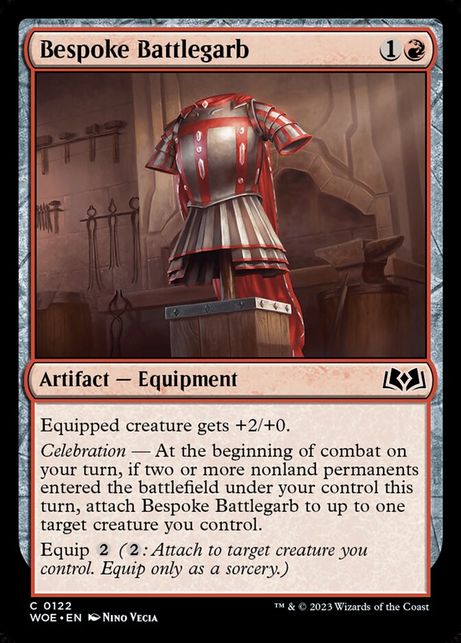 This Is An Image Of The Magic The Gathering Card Bespoke Battlegarb From The Set Wilds of Eldraine - Designed By Artist Nino Vecia