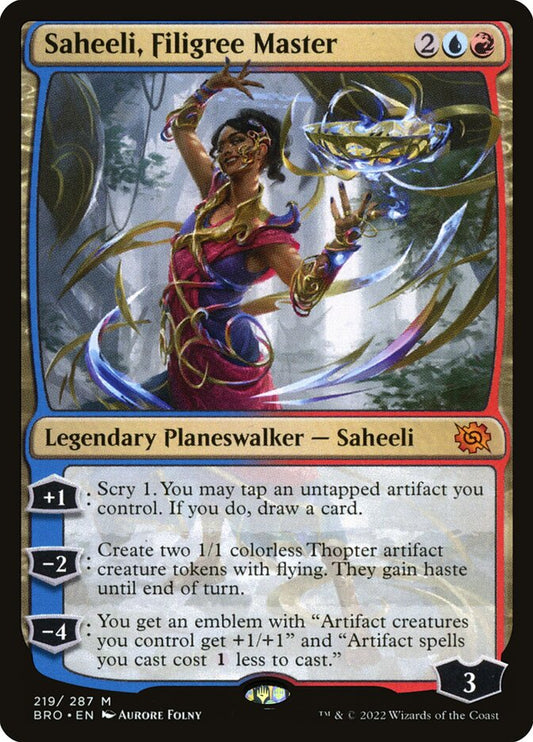 This Is An Image Of The Magic The Gathering Card Saheeli, Filigree Master From The Set The Brothers' War - Designed By Artist Aurore Folny