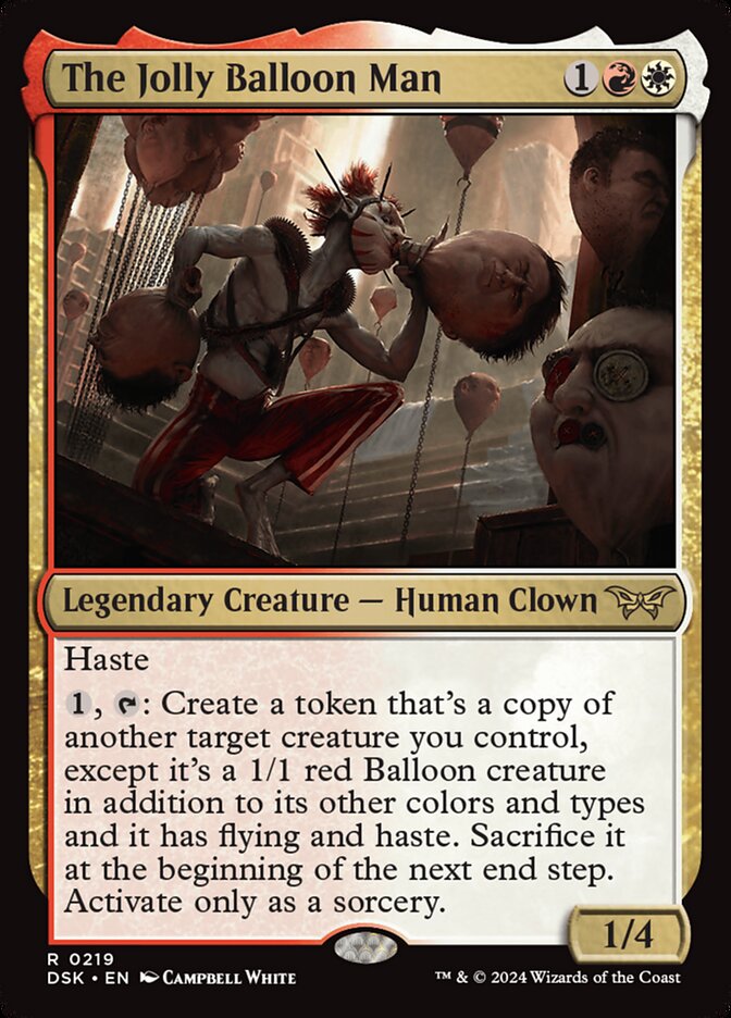 This Is An Image Of The Magic The Gathering Card The Jolly Balloon Man From The Set Duskmourn: House of Horror - Designed By Artist Campbell White