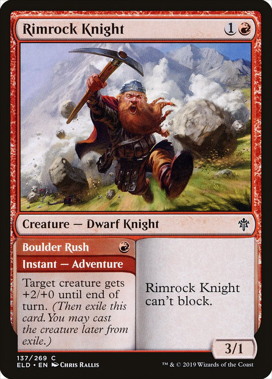 This Is An Image Of The Magic The Gathering Card Rimrock Knight // Boulder Rush From The Set Throne of Eldraine - Designed By Artist Chris Rallis