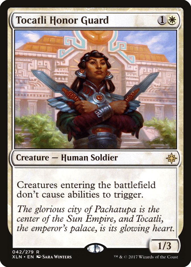 This Is An Image Of The Magic The Gathering Card Tocatli Honor Guard From The Set Ixalan - Designed By Artist Sara Winters