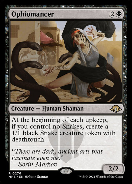 This Is An Image Of The Magic The Gathering Card Ophiomancer From The Set Tarkir: Dragonstorm Commander - Designed By Artist John Stanko