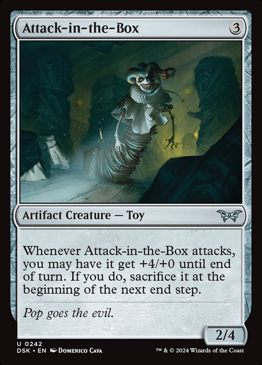 This Is An Image Of The Magic The Gathering Card Attack-in-the-Box From The Set Duskmourn: House of Horror - Designed By Artist Domenico Cava