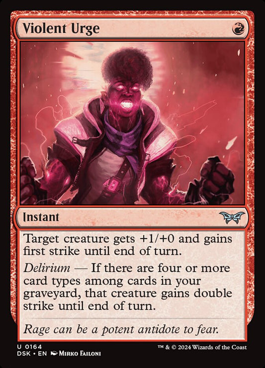 This Is An Image Of The Magic The Gathering Card Violent Urge From The Set Duskmourn: House of Horror - Designed By Artist Mirko Failoni