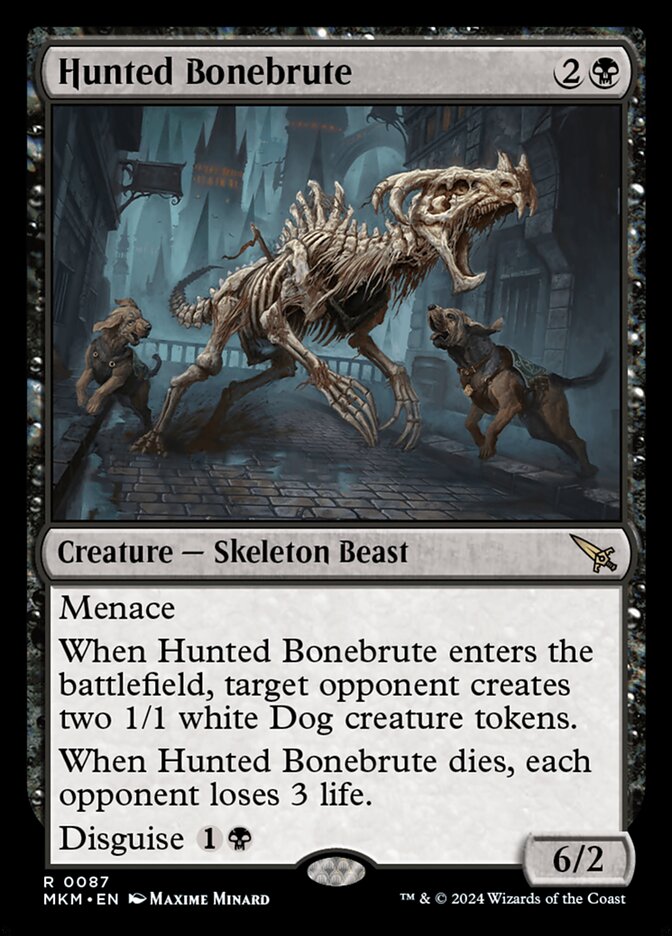 This Is An Image Of The Magic The Gathering Card Hunted Bonebrute From The Set Murders at Karlov Manor - Designed By Artist Maxime Minard