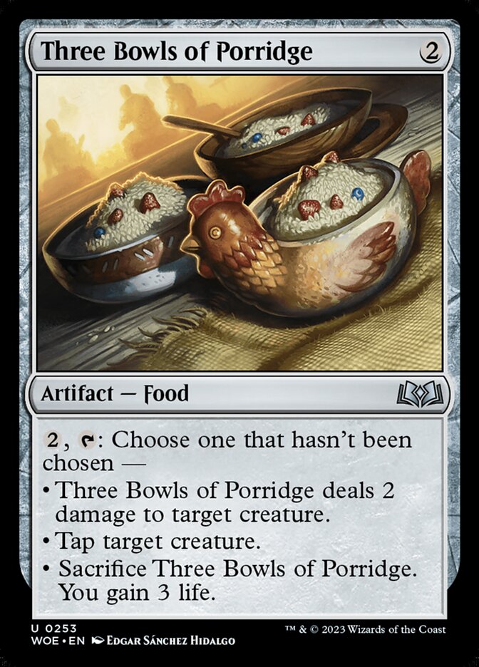 This Is An Image Of The Magic The Gathering Card Three Bowls of Porridge From The Set Wilds of Eldraine - Designed By Artist Edgar Sánchez Hidalgo