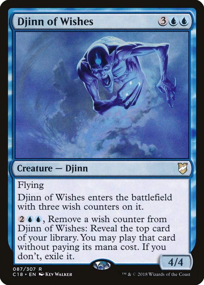 This Is An Image Of The Magic The Gathering Card Djinn of Wishes From The Set Commander 2018 - Designed By Artist Kev Walker