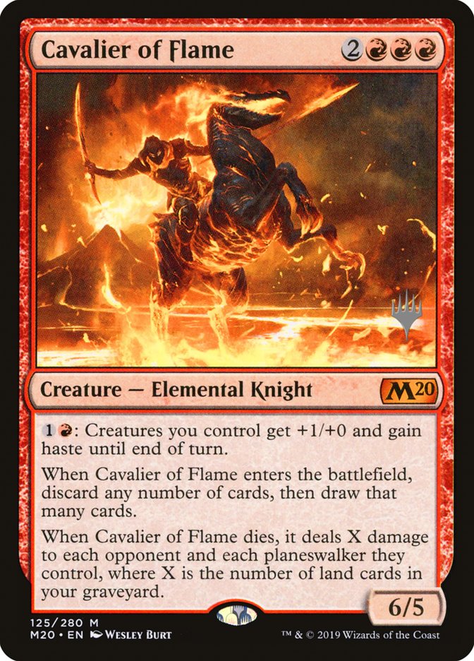 This Is An Image Of The Magic The Gathering Card Cavalier of Flame From The Set Core Set 2020 - Designed By Artist Wesley Burt