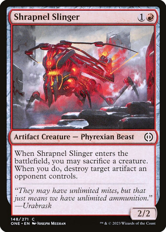 This Is An Image Of The Magic The Gathering Card Shrapnel Slinger From The Set Phyrexia: All Will Be One - Designed By Artist Joseph Meehan