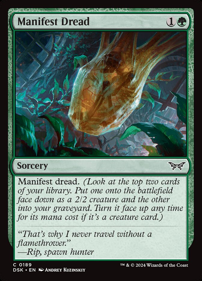 This Is An Image Of The Magic The Gathering Card Manifest Dread From The Set Duskmourn: House of Horror - Designed By Artist Andrey Kuzinskiy