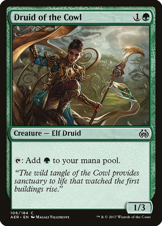 This Is An Image Of The Magic The Gathering Card Druid of the Cowl From The Set Foundations - Designed By Artist Magali Villeneuve
