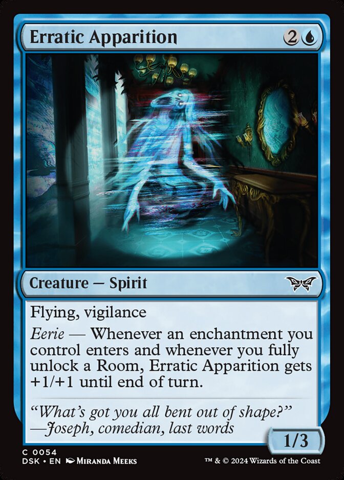 This Is An Image Of The Magic The Gathering Card Erratic Apparition From The Set Duskmourn: House of Horror - Designed By Artist Miranda Meeks