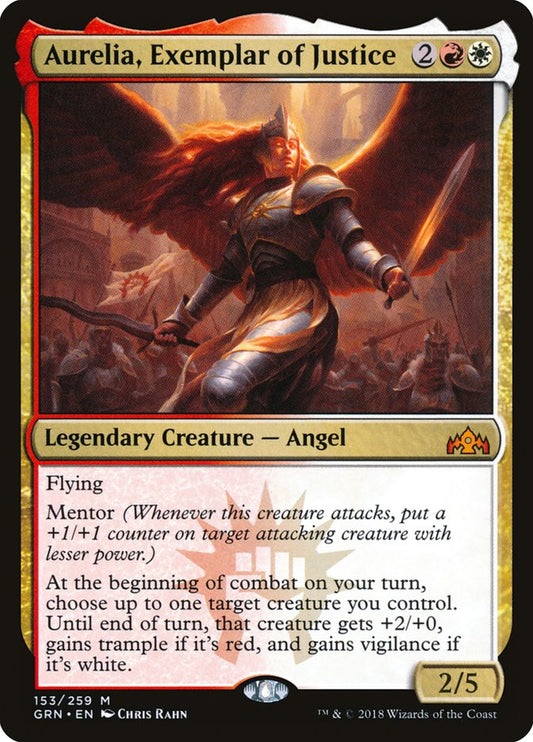 This Is An Image Of The Magic The Gathering Card Aurelia, Exemplar of Justice From The Set Ravnica Remastered - Designed By Artist Chris Rahn