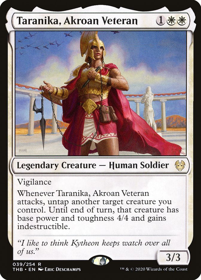 This Is An Image Of The Magic The Gathering Card Taranika, Akroan Veteran From The Set Theros Beyond Death - Designed By Artist Eric Deschamps