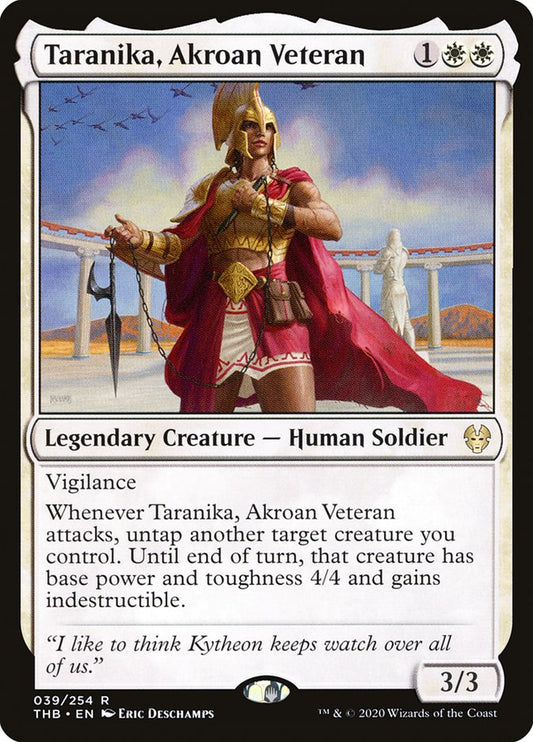 This Is An Image Of The Magic The Gathering Card Taranika, Akroan Veteran From The Set Theros Beyond Death - Designed By Artist Eric Deschamps