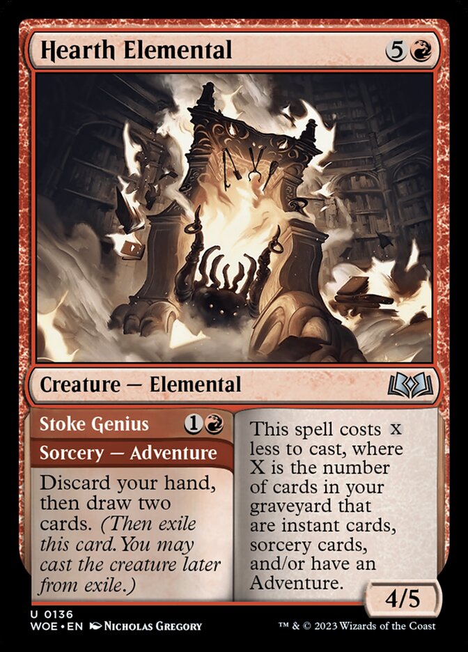 This Is An Image Of The Magic The Gathering Card Hearth Elemental // Stoke Genius From The Set Wilds of Eldraine - Designed By Artist Nicholas Gregory