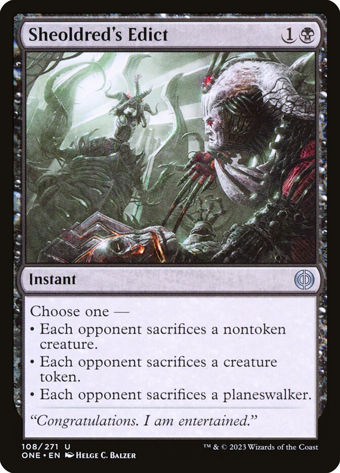 This Is An Image Of The Magic The Gathering Card Sheoldred's Edict From The Set Phyrexia: All Will Be One - Designed By Artist Helge C. Balzer