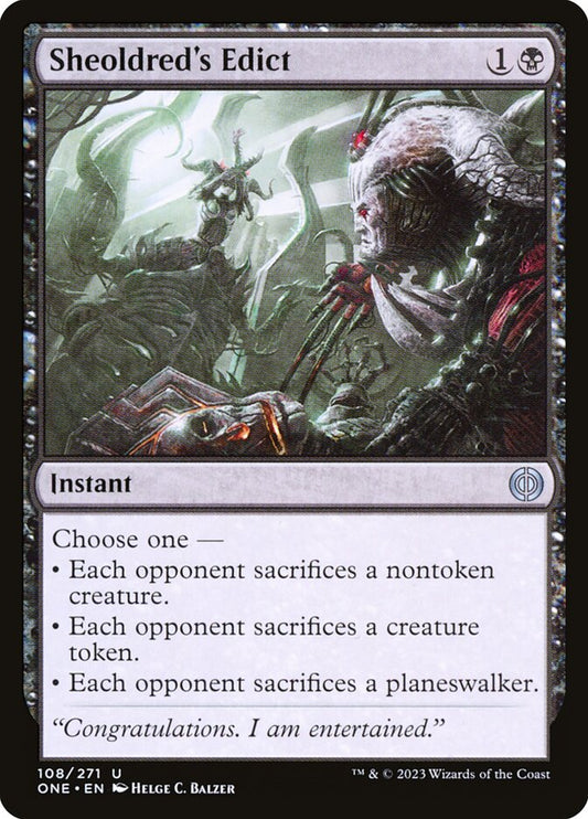 This Is An Image Of The Magic The Gathering Card Sheoldred's Edict From The Set Phyrexia: All Will Be One - Designed By Artist Helge C. Balzer