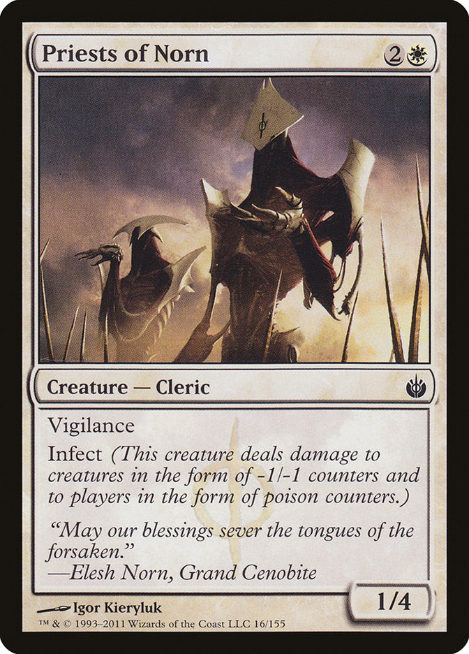 This Is An Image Of The Magic The Gathering Card Priests of Norn From The Set Mirrodin Besieged - Designed By Artist Igor Kieryluk