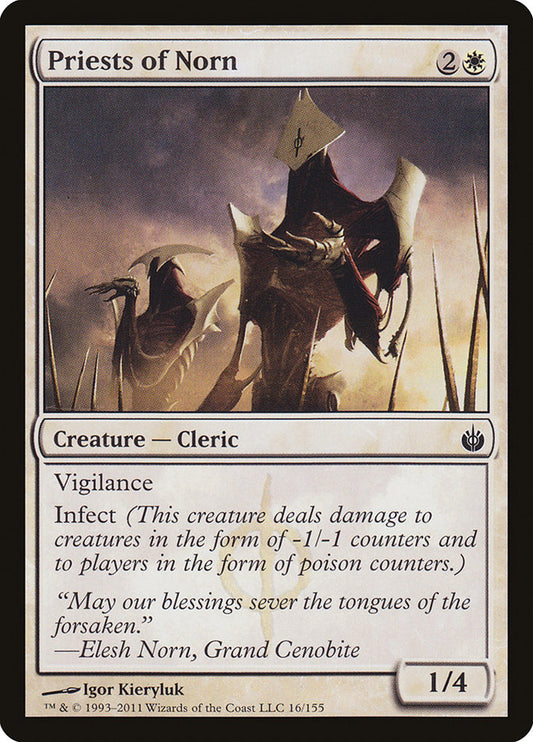 This Is An Image Of The Magic The Gathering Card Priests of Norn From The Set Mirrodin Besieged - Designed By Artist Igor Kieryluk