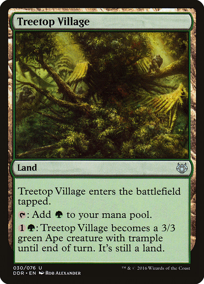 This Is An Image Of The Magic The Gathering Card Treetop Village From The Set Duel Decks: Elves vs. Inventors - Designed By Artist Rob Alexander