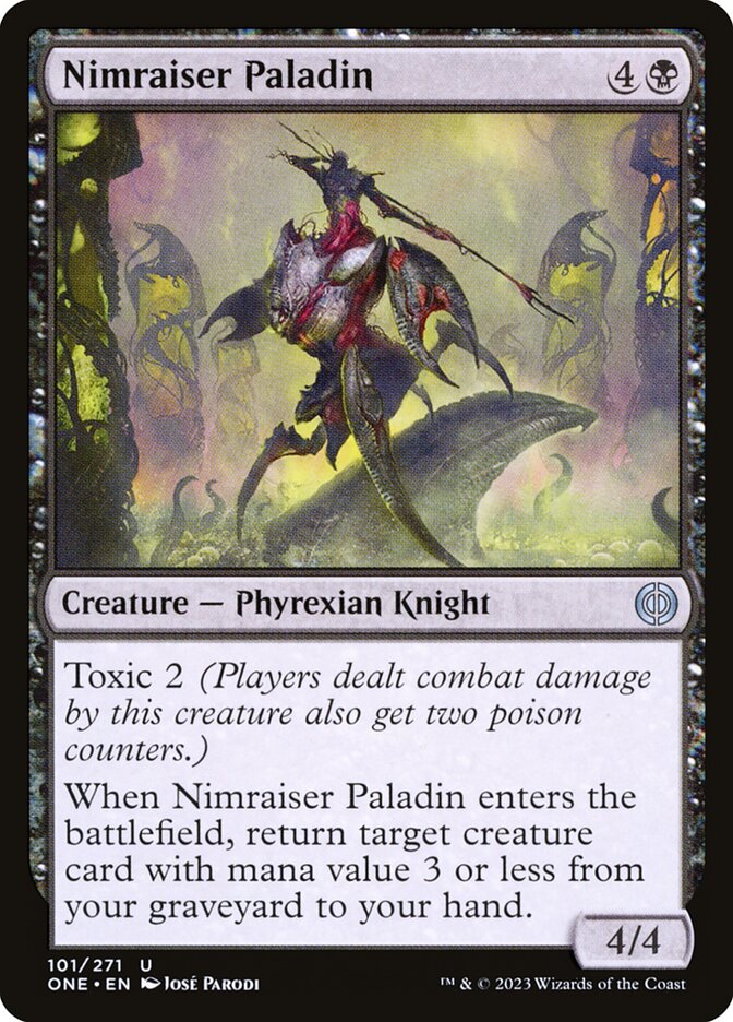 This Is An Image Of The Magic The Gathering Card Nimraiser Paladin From The Set Phyrexia: All Will Be One - Designed By Artist José Parodi