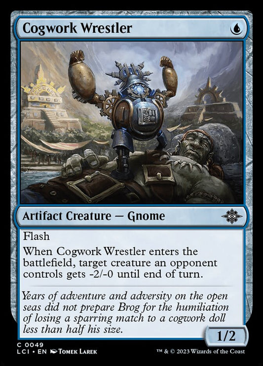This Is An Image Of The Magic The Gathering Card Cogwork Wrestler From The Set The Lost Caverns of Ixalan - Designed By Artist Tomek Larek