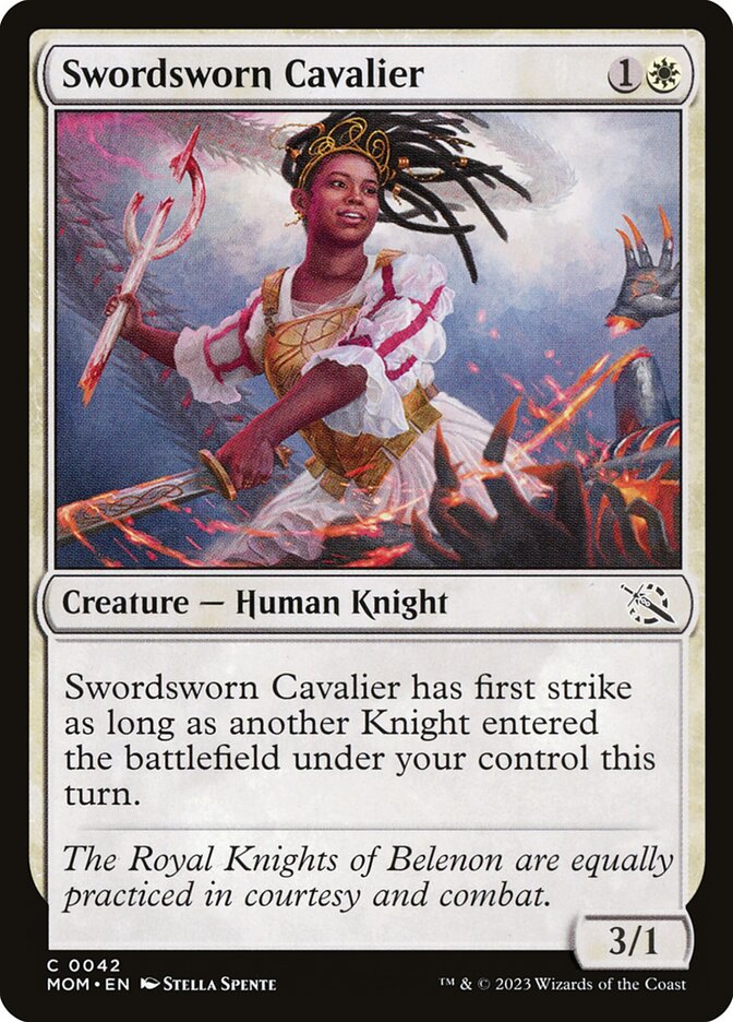 This Is An Image Of The Magic The Gathering Card Swordsworn Cavalier From The Set March of the Machine - Designed By Artist Stella Spente